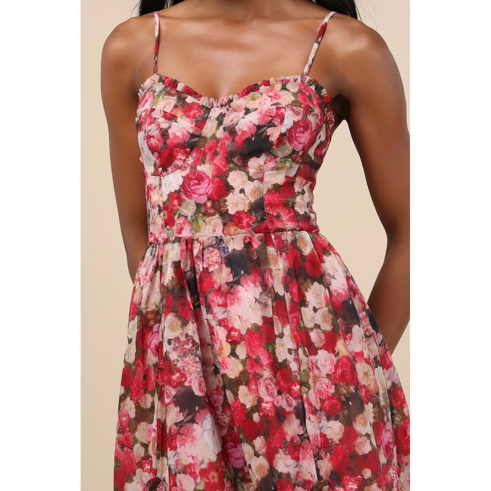 Lulus Maisley Red Multi Floral Bustier Ruffled Midi Dress NWT Size M 2856